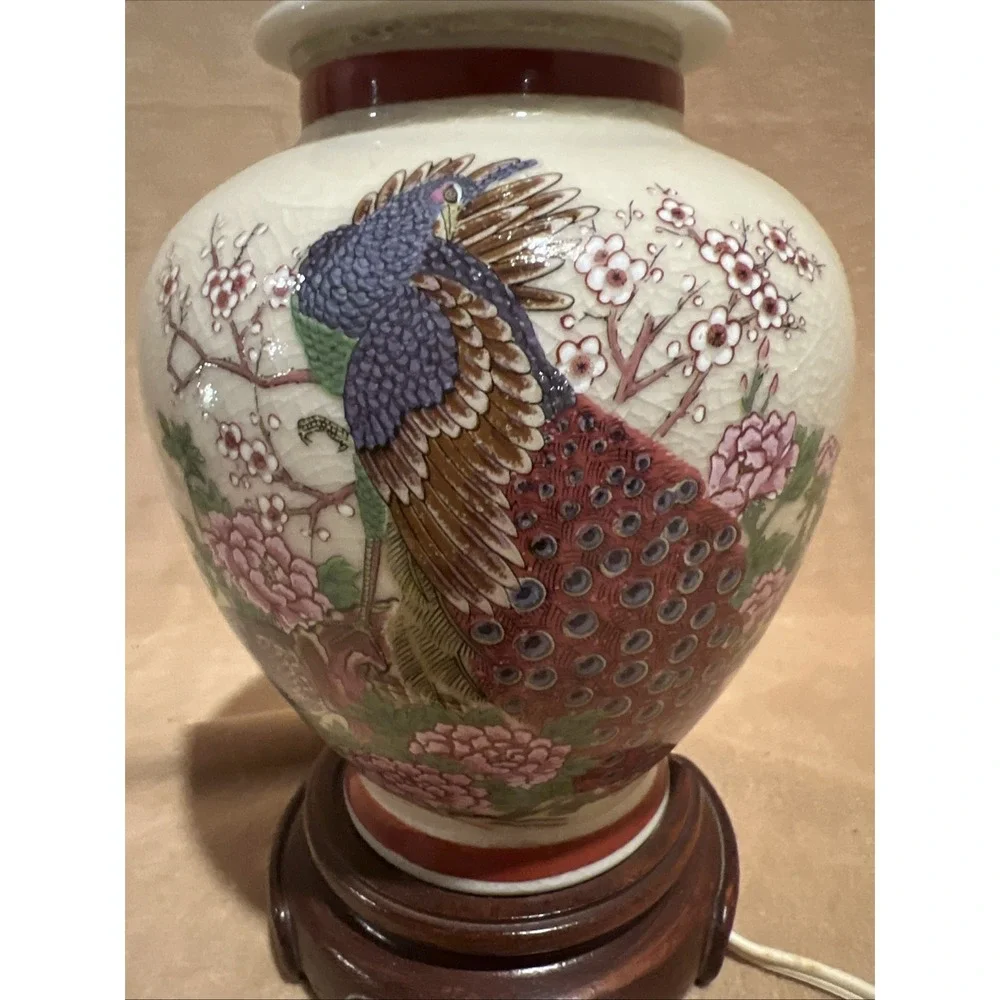 Vintage Chinese Hand painted Ceramic Lamp Peacock Wooden Base Oriental Lamp Work